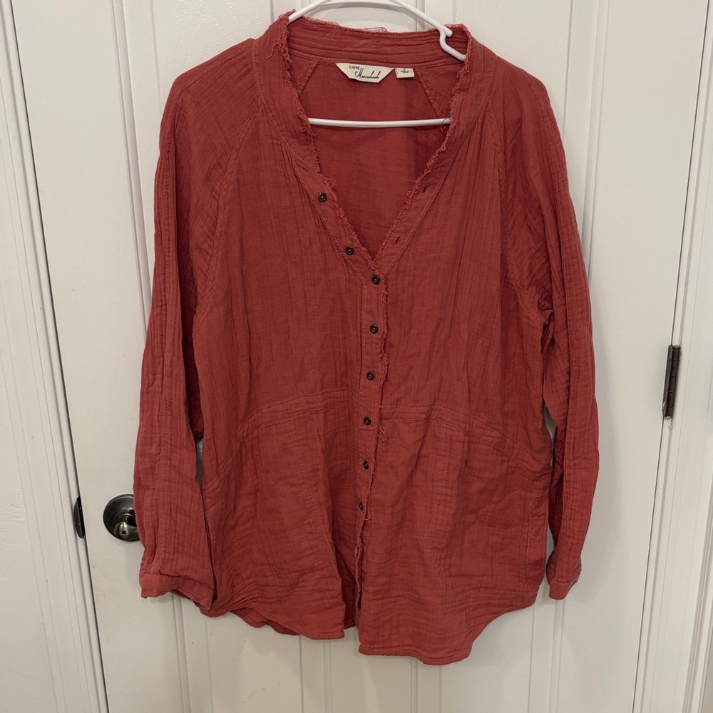 Caffe Marrakesh Distressed Cotton Gauze Long Sleeve Button Up in Coral